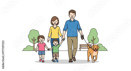 Happy Family Walking Dog in Park Leisure Outdoor Activities Illustration