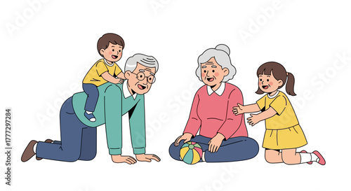 Happy Grandparents and Grandkids Playing Together Family Fun Illustration