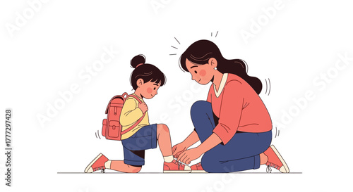 Mother Helping Daughter with Shoes School Preparation Back to School Concept