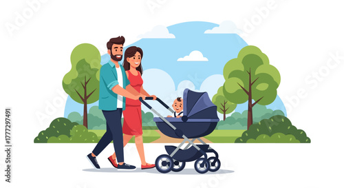 Happy Parents Strolling with Baby in Stroller at Park Summer Day