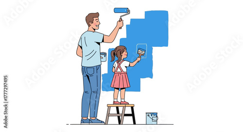 Father and Daughter Painting a Wall Together Home Improvement and Family Bonding