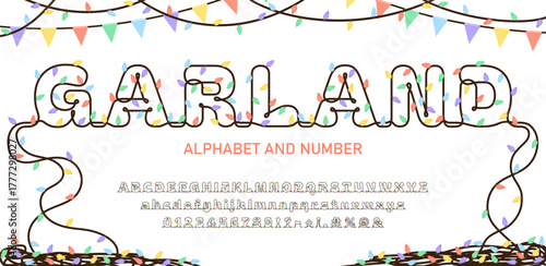One-Line Garland Alphabet Font with Colorful Christmas Lights and Bulbs. Glowing Festive Typeface for Holiday, New Year, Party and Greeting Design