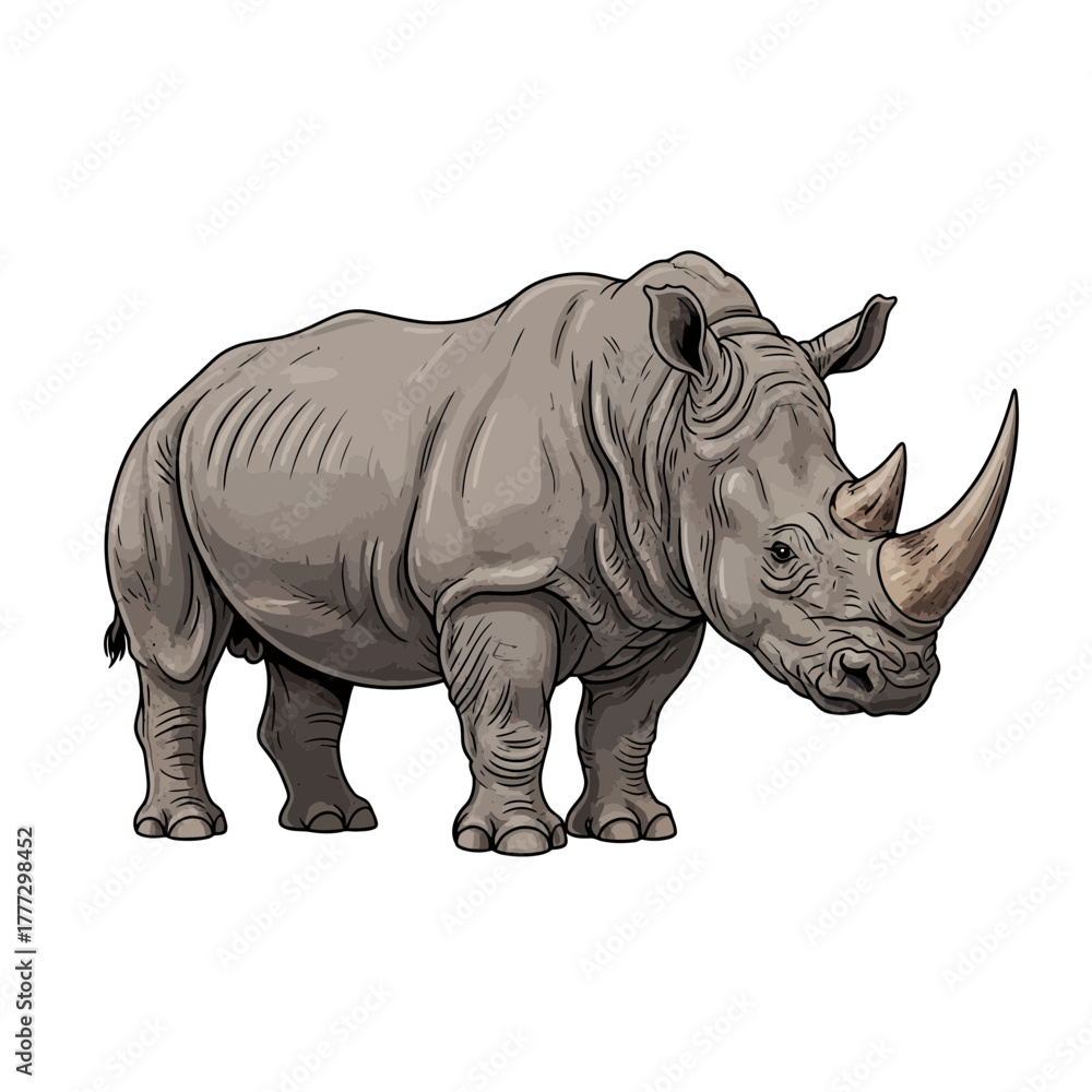 Fototapeta premium Magnificent Black Rhinoceros Standing Alone in Profile View Wild African Mammal