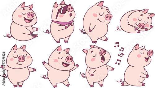Vector cute pigs cartoons isolated. cute cartoon pigs in different poses and expressions. Set of nine adorable chubby pigs with round bodies, small ears, and pink snouts.