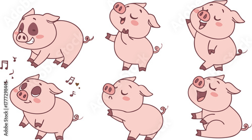 Vector cute pigs cartoons isolated. cute cartoon pigs in different poses and expressions. Set of nine adorable chubby pigs with round bodies, small ears, and pink snouts.
