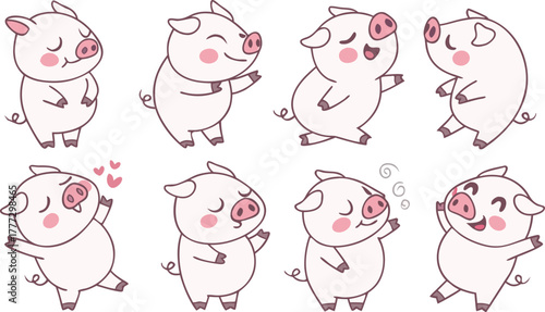 Vector cute pigs cartoons isolated. cute cartoon pigs in different poses and expressions. Set of nine adorable chubby pigs with round bodies, small ears, and pink snouts.