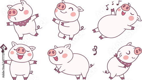 Vector cute pigs cartoons isolated. cute cartoon pigs in different poses and expressions. Set of nine adorable chubby pigs with round bodies, small ears, and pink snouts.