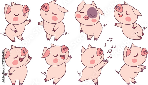 Vector cute pigs cartoons isolated. cute cartoon pigs in different poses and expressions. Set of nine adorable chubby pigs with round bodies, small ears, and pink snouts.
