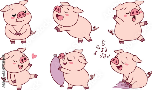 Vector cute pigs cartoons isolated. cute cartoon pigs in different poses and expressions. Set of nine adorable chubby pigs with round bodies, small ears, and pink snouts.