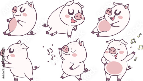 Vector cute pigs cartoons isolated. cute cartoon pigs in different poses and expressions. Set of nine adorable chubby pigs with round bodies, small ears, and pink snouts.
