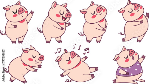 Vector cute pigs cartoons isolated. cute cartoon pigs in different poses and expressions. Set of nine adorable chubby pigs with round bodies, small ears, and pink snouts.