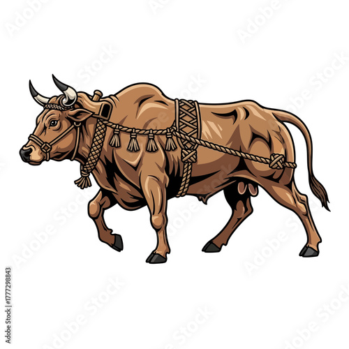 Sturdy Brown Ox With Horns Groomed and Gently Tethered Farm Animal Illustration