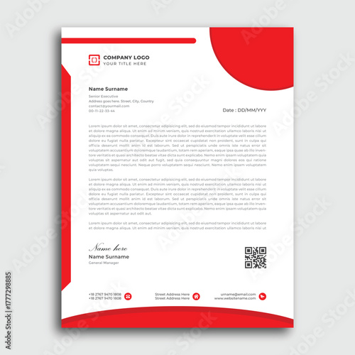 Modern business letterhead template with company logo and qr code