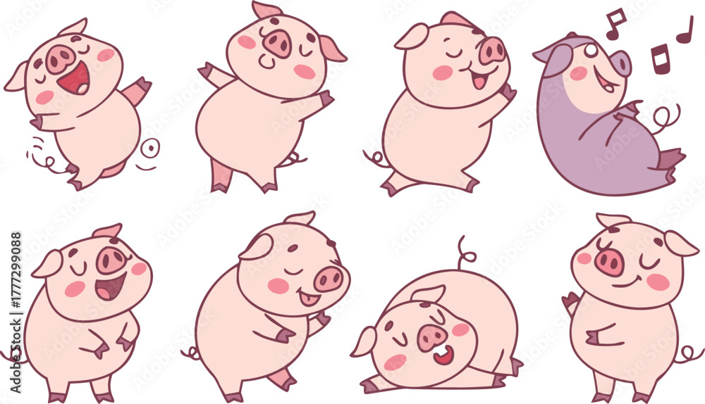 Obraz premium Vector cute pigs cartoons isolated. cute cartoon pigs in different poses and expressions. Set of nine adorable chubby pigs with round bodies, small ears, and pink snouts.