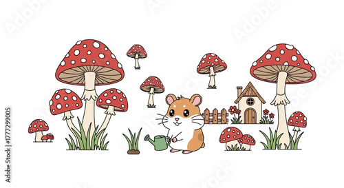 Delightful Hamster Watering Can Illustration Amidst Enchanting Mushroom Cottagecore Scene