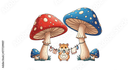 Whimsical Hamster Laundry Day Between Giant Colorful Mushrooms in a Magical Forest