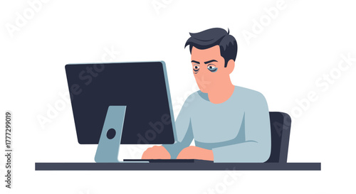 Exhausted programmer staring at computer screen after long coding session at night
