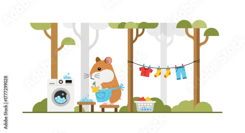 Delightful illustration of a hamster doing laundry in a whimsical forest setting showcasing