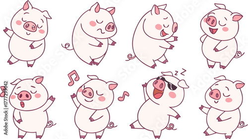 Vector cute pigs cartoons isolated. cute cartoon pigs in different poses and expressions. Set of nine adorable chubby pigs with round bodies, small ears, and pink snouts.