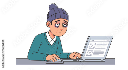 Cartoon tired man working on a laptop, showing signs of fatigue and burnout with beanie hat