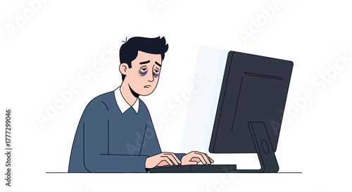 Cartoon character depicting exhaustion from extended work with dark circles under his eyes