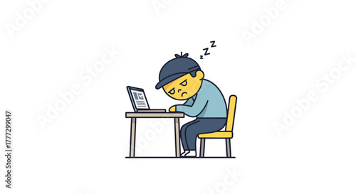 Cartoon illustration of a tired person falling asleep at their desk in front of laptop