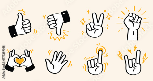 Set of Playful doodle hand gesture illustrations, showing thumbs up, peace sign, victory, love and more. Perfect for social media, emoji design, stickers, lifestyle visuals.  