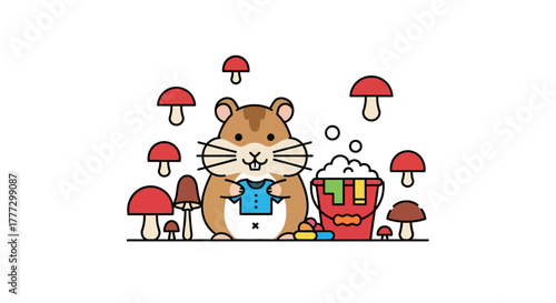 Whimsical illustration of a hamster amidst mushrooms and a laundry bucket scenario