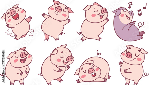 Vector cute pigs cartoons isolated. cute cartoon pigs in different poses and expressions. Set of nine adorable chubby pigs with round bodies, small ears, and pink snouts.