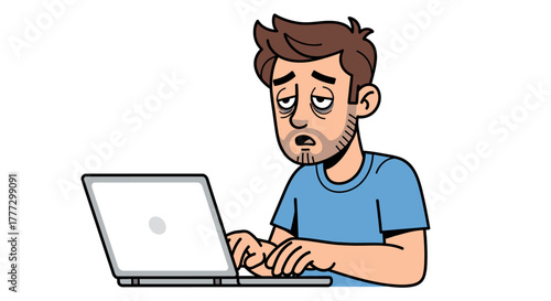 Cartoon depiction of an exhausted man working on a laptop with exaggerated fatigue features