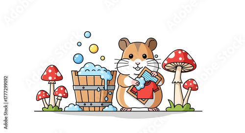 Charming hamster character doing laundry in whimsical mushroom forest illustration