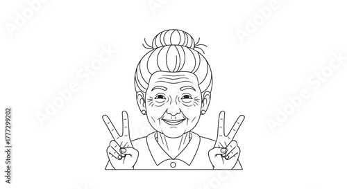 Elderly woman with a top knot and joyful expression making a peace sign with both hands
