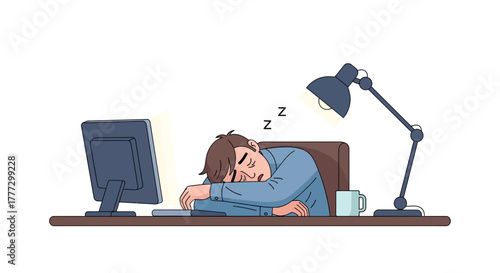 Illustration depicting a fatigued worker asleep at their computer desk during work hours