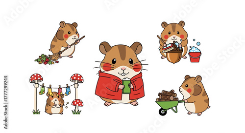 Charming hamster characters engaging in various domestic activities with delightful animation style