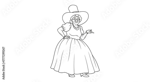 Cartoon illustration of an old woman in a historical dress with a funny facial expression