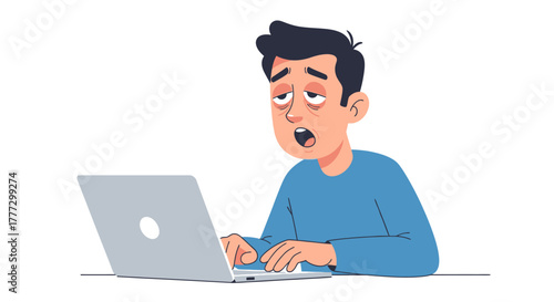 Exhausted programmer working late at night on laptop with sleep-deprived look and tired eyes