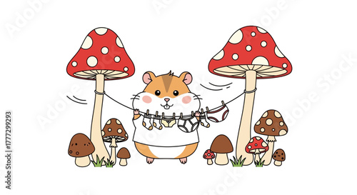 Whimsical Laundry Day: A Cartoon Hamster Hanging Clothes Among Forest Mushrooms Scenery