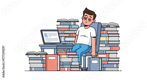 Depleted student surrounded by learning resources, exhausted after prolonged studying, cartoon