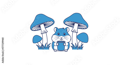 Whimsical blue illustration of a hamster holding a jar surrounded by mushrooms and grass