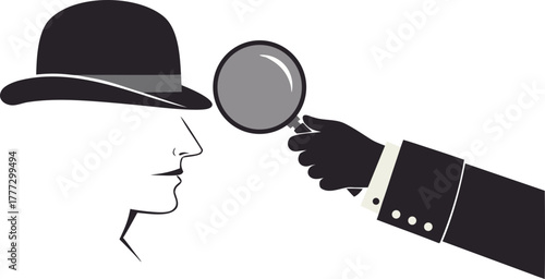A bowler hat with a large magnifying glass. Concept: information retrieval, investigation, detective work, secrets, and a vintage mystery.