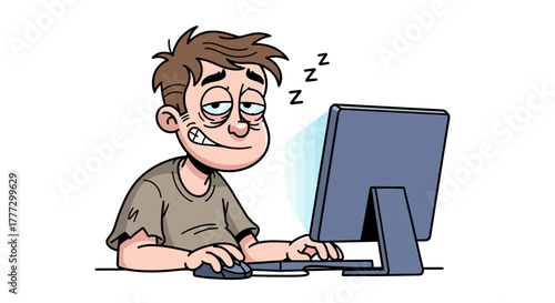 Cartoon depiction of a tired man struggling to stay awake while working on a computer illustration
