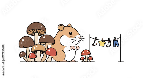 Charming hamster illustration beside mushrooms and clothesline, a playful scene for kids with
