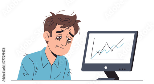 Sleepless night affecting a man analyzing financial charts on his computer screen