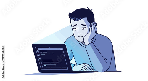 Frustrated coder staring at laptop screen showing code, feeling burnout from prolonged computer work