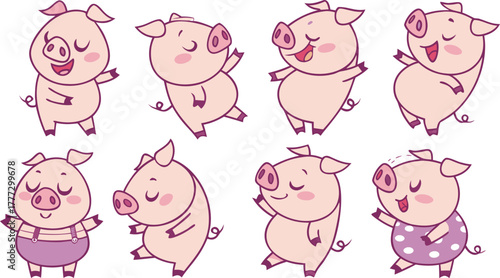Vector cute pigs cartoons isolated. cute cartoon pigs in different poses and expressions. Set of nine adorable chubby pigs with round bodies, small ears, and pink snouts.