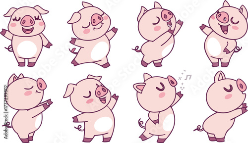 Vector cute pigs cartoons isolated. cute cartoon pigs in different poses and expressions. Set of nine adorable chubby pigs with round bodies, small ears, and pink snouts.