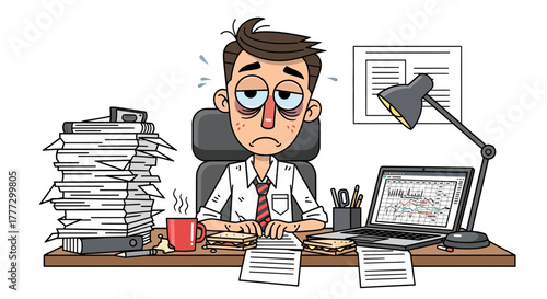 Overworked businessman cartoon character drowning in paperwork and deadlines with visible signs of