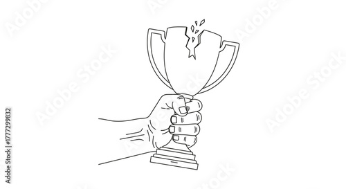 Hand holding cracked trophy symbolizing lost victory, defeat, disillusionment and adversity