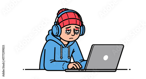 Cartoon of tired student working on laptop with headphones and beanie looks stressed