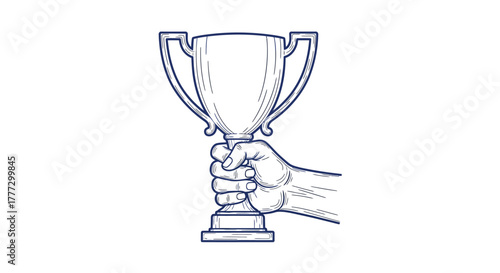 Vector illustration depicting hand holding a classic trophy as a symbol of achievement and success